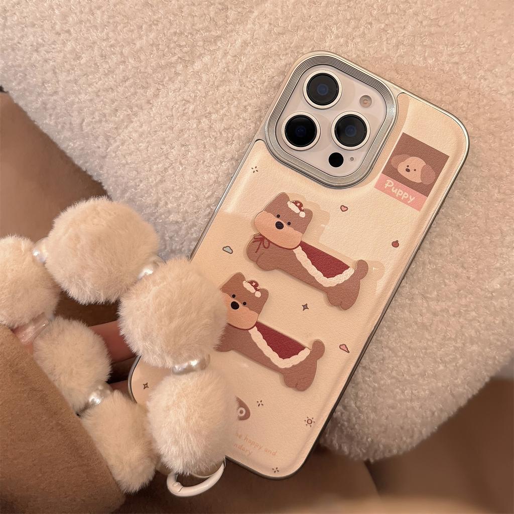 Leather Three Dimensional Cartoon Puppy Apple 16 Mobile Phone Case 14promax New Year 15 Suitable for IPhone 13 Lanyard