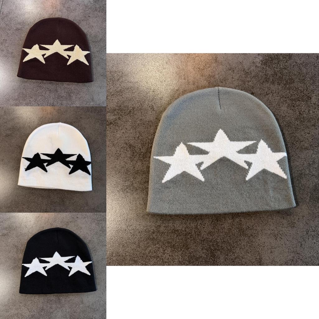 Winter Warmth Unisex Star Pattern Knit Hat Featuring Geometric Design And No Brim Style