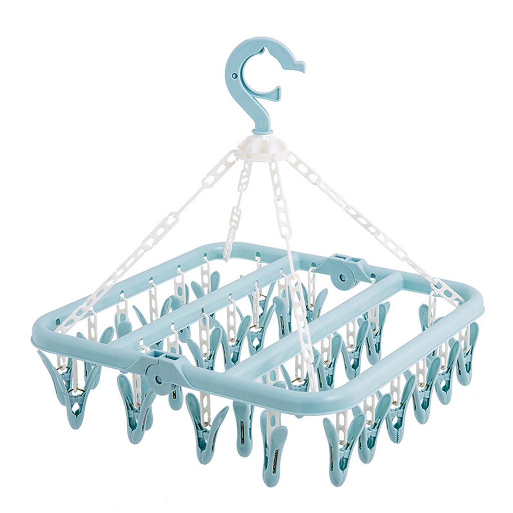 Laundry Hanger with 32 Clips Foldable Laundry Clothespin Drying Rack for Socks Underwear Bras ScarfBlue