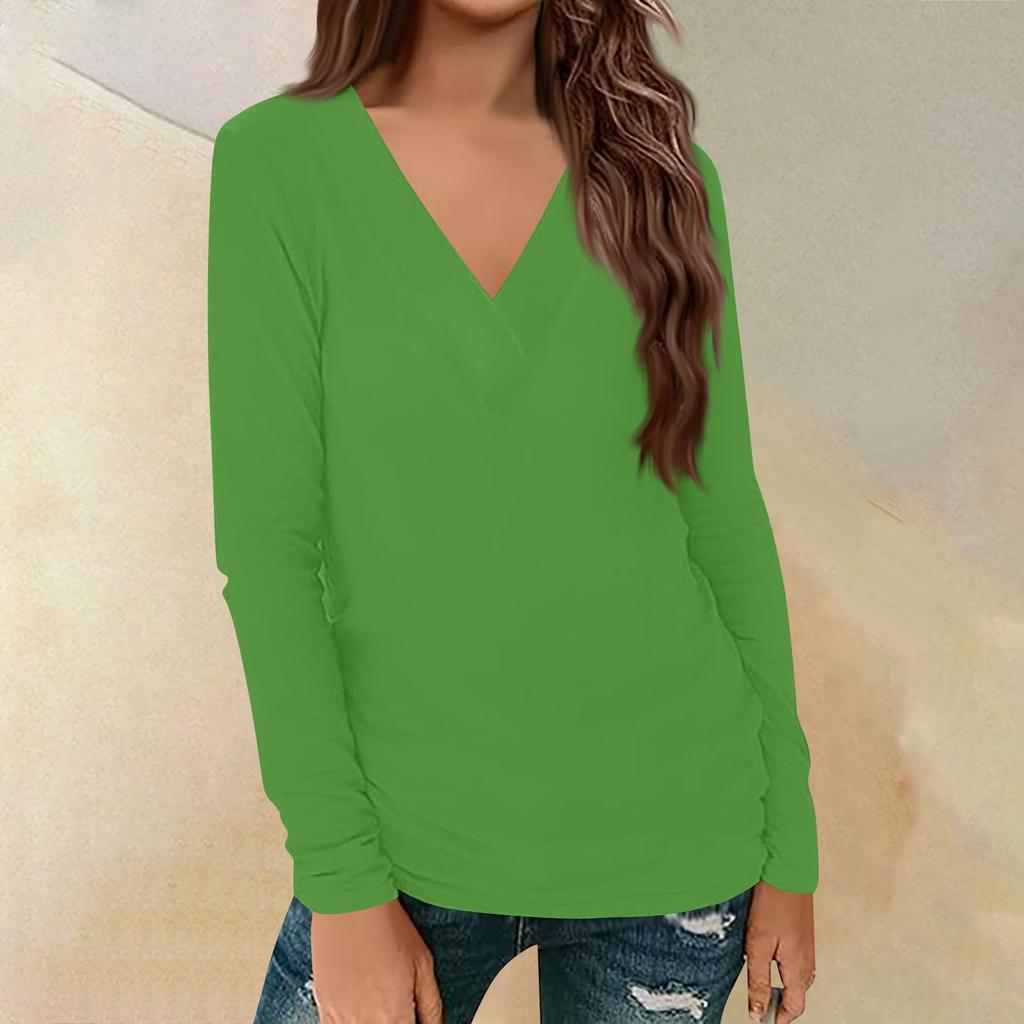 Женский повседневный однотонный принтованный длинный рукав свободный пуловер с V-образным вырезом