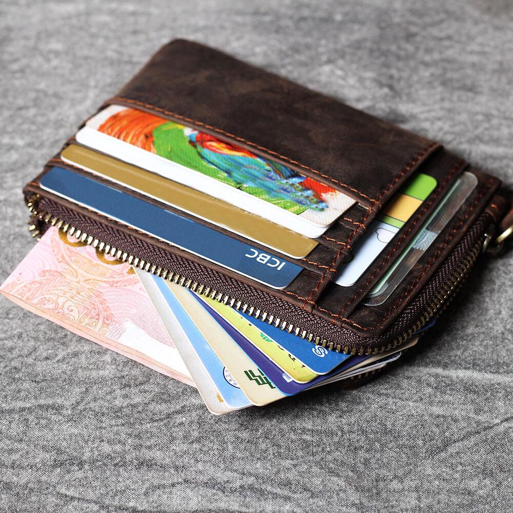 Многослотовое ретро кофейное ручной работы из кожи Crazy Horse мужское дизайнерское портмоне на молнии для монет и кредитных карт, маленькие кармашки