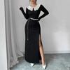 Women's Temperament Long Sleeve Lace Splicing Slimming Side Slit Dresses