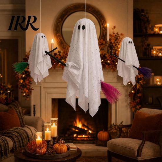 Shimmering Star Pattern Decor 3 Pcs Halloween Ghost Decorations, Spooky Hanging with Broom, Decorative for Trees Large Flying White Tree Porch