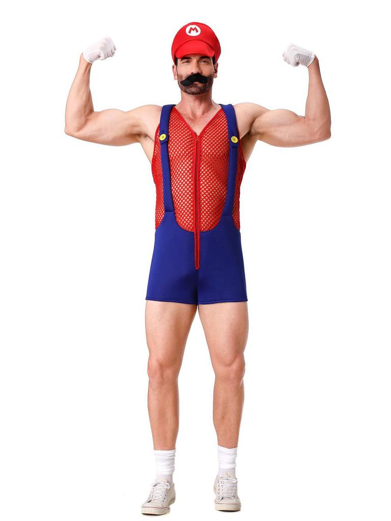 European & American Mario Character Costume: Adult Hat, Gloves, Beard, Suspenders for Men