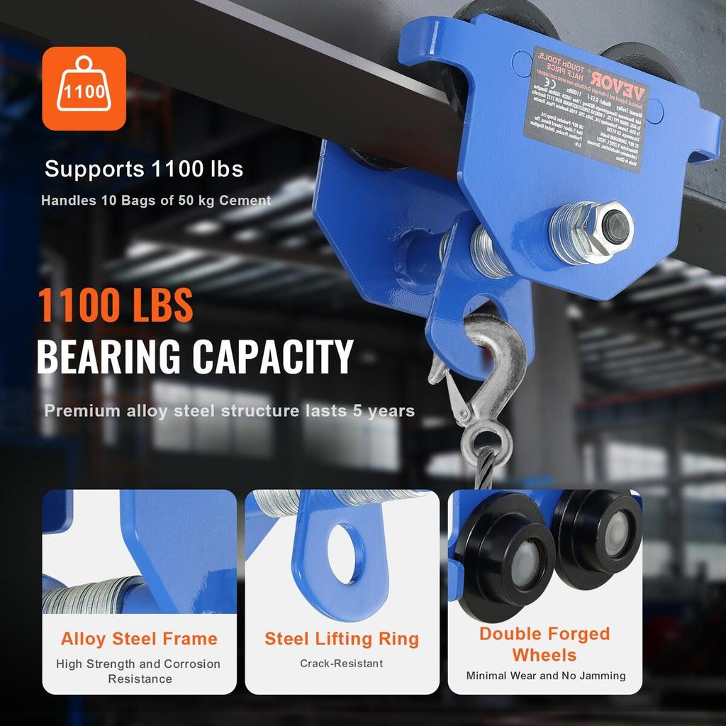 Manual Trolley, 1100 lbs/0.5 Ton Load Capacity Push Beam Trolley with Dual Wheels, Adjustable for I-Beam Flange Width 63.5-139.7 mm, Heavy Duty Alloy