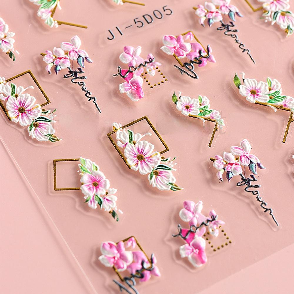 5D Flower Nail Stickers,3D Embossed Flower Nail Stickers Self Adhesive Nail Art Stickers 5D Flower Nail Design Nail Supplies DIY Nail Decoration