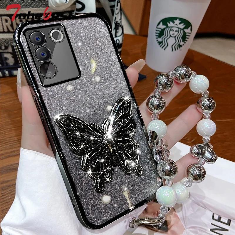 3D Butterfly Phone Holder Bead Bracelet Glitter Plating Case for Samsung Galaxy A14 A24 A34 A54 A15 A25 A35 A55 4G 5G Cover