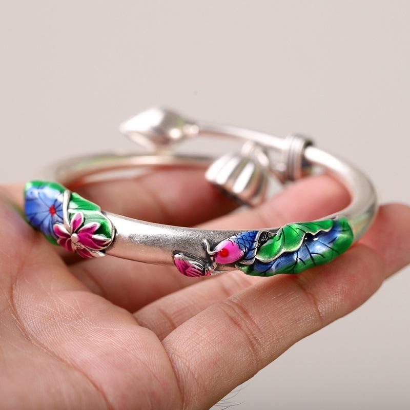Zuyin 990 Enamel Colored Lotus Fish Koi Lotus Little Fish Lotus Peng Retro Drip Glue Burnt Blue Bracelet