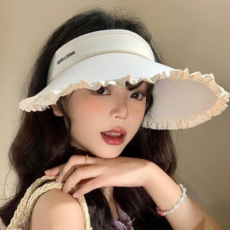 Summer Empty Top Hat for Women Ruffle Brim Solid Color Large Brim Sunscreen UV Protection Ponytail Cap Girls Travel Outdoor Hat