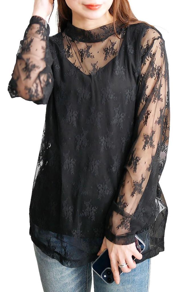 Gold Japan Plus Size Long Floral High Size Black Women's Top, Sleeve, Lace, Print, Tulle, Sheer, Neck, Stretchy, Winter, Spring, Fall, Cpdai-659594,