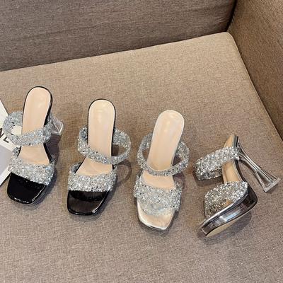 Новое поступление, шикарные женские тапочки на очень высокой подошве, прозрачные домашние сандалии с открытым носком и толстым каблуком, украшенные стразами