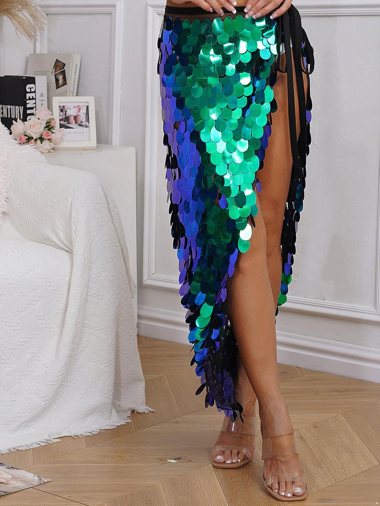 Женская длинная юбка на бедрах для танца живота на Хэллоуин с блестящими пайетками на шнуровке Русалка набедренный шарф с запахом праздничные танцевальные костюмы