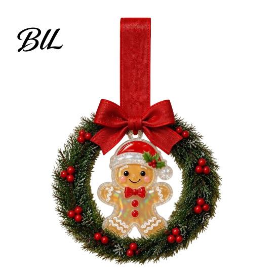 Indoor Holiday Door Handle Decor Mini Christmas Wreath Decoration, Gingerbread/Angel/Bell/Snowman Artificial Pine Party Souvenirs with Red Berries And