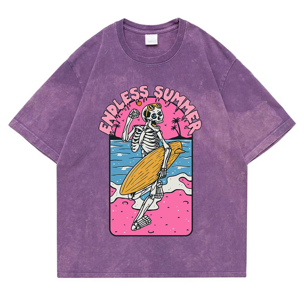 Endless Summer Skeleton Surfing Выстиранная Ретро Сноубордическая Одежда Мужская Качественная Футболка Летние Хлопковые Футболки Уличные Свободные Топы