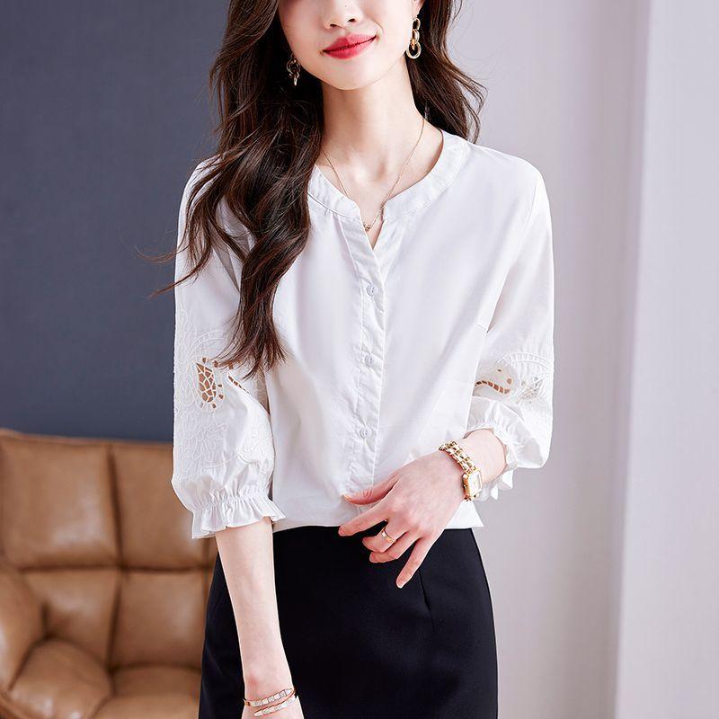 Loose Summer Women's Hollow Embroidery Shirt In Pure Cotton Blouse