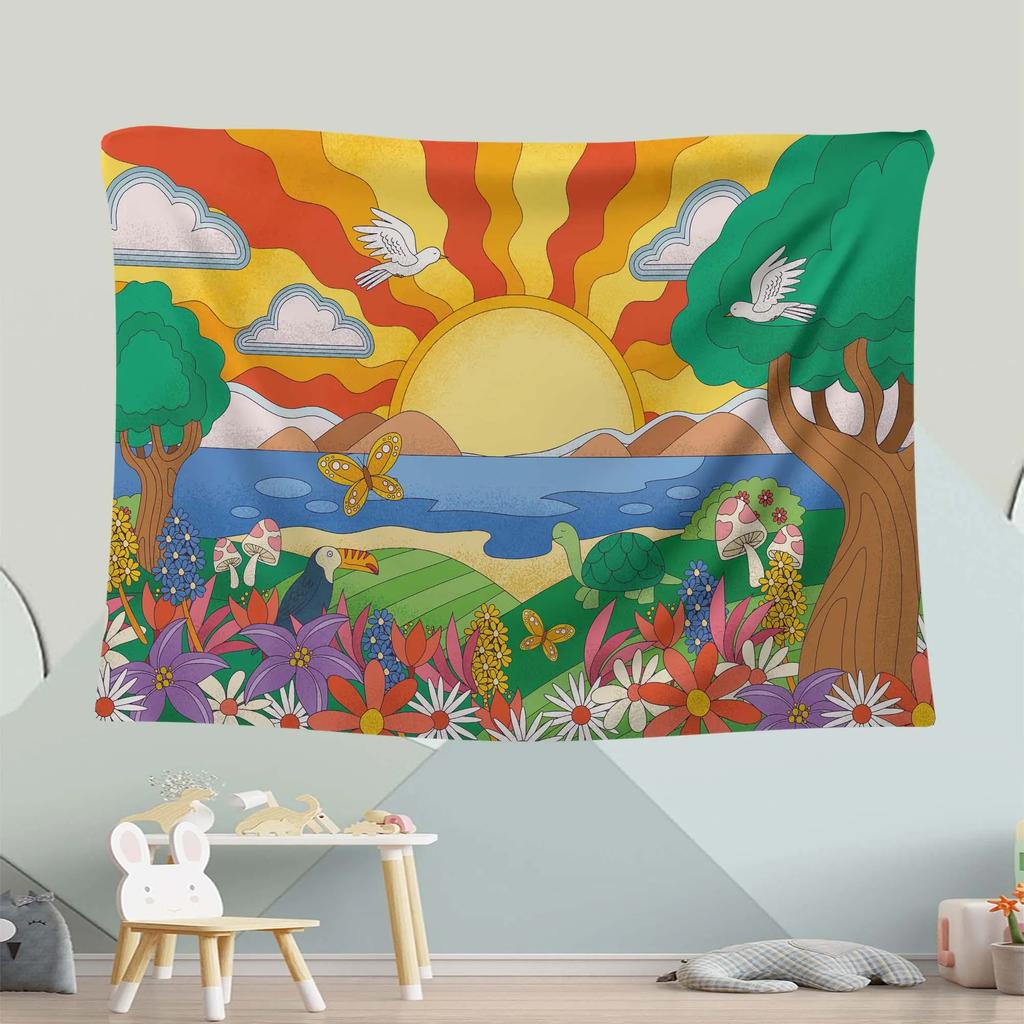 Retro psychedelic Sun Tapestry Rainbow Flower Sea Natural Landscape Background Cloth Bohemian Room Decoration