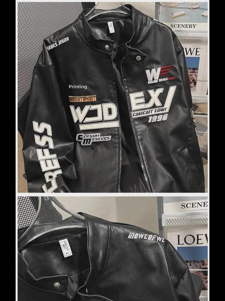 Мужская уличная кожаная куртка для мотоцикла с вышивкой - Американский гоночный костюм, воротник-стойка, мода High Street