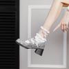 French Mary Jane Women's Shoes Silver High-end Round Head Thick Heel Single Shoes Spring and Autumn Bow Beads Thousand Gold Style Women's Shoes