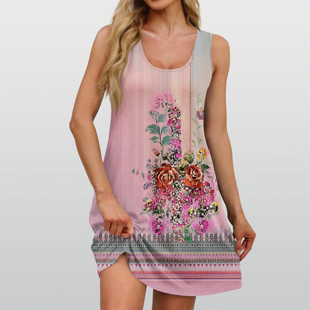 Women's Summer Casual Square Neck Floral Print Dress Sleeveless Dress With Pockets