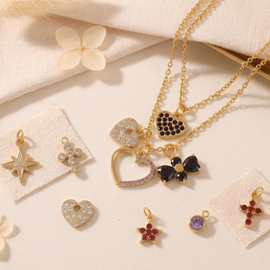 1 Piece Mini Flower Heart Star 304 Stainless Steel Charms Multicolor Cubic Zirconia 18K Gold Plated Pendant DIY Necklace Making