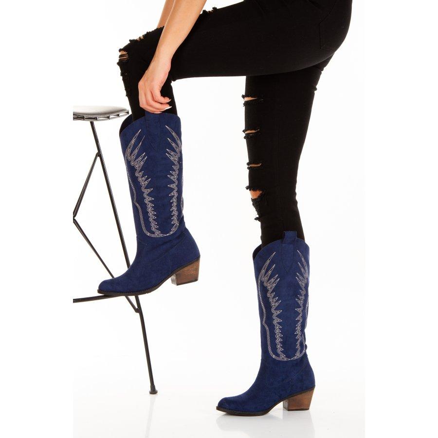 Женские замшевые высокие сапоги в западном стиле на низком каблуке