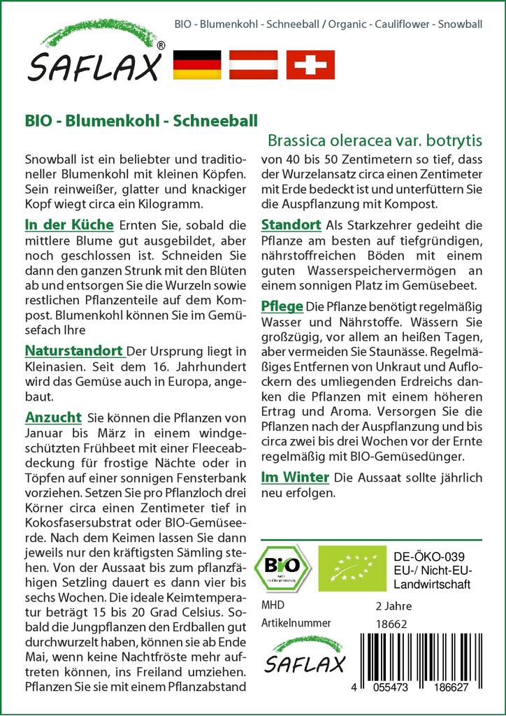 SAFLAX Organic - Цветная капуста - Снежок - 70 семян - Brassica oleracea