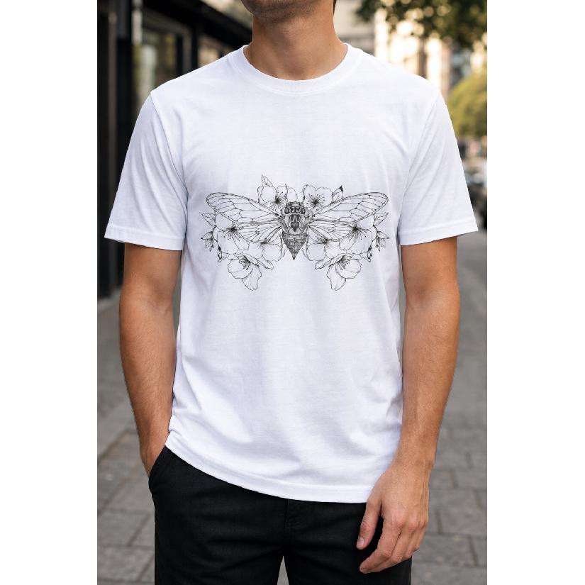 Plus Size - Men's T-Shirt S-5XL Featuring a Detailed Cicada and Floral Graphic Print - a Casual Short-Sleeve Round-Neck Top With a Relaxed Fit,