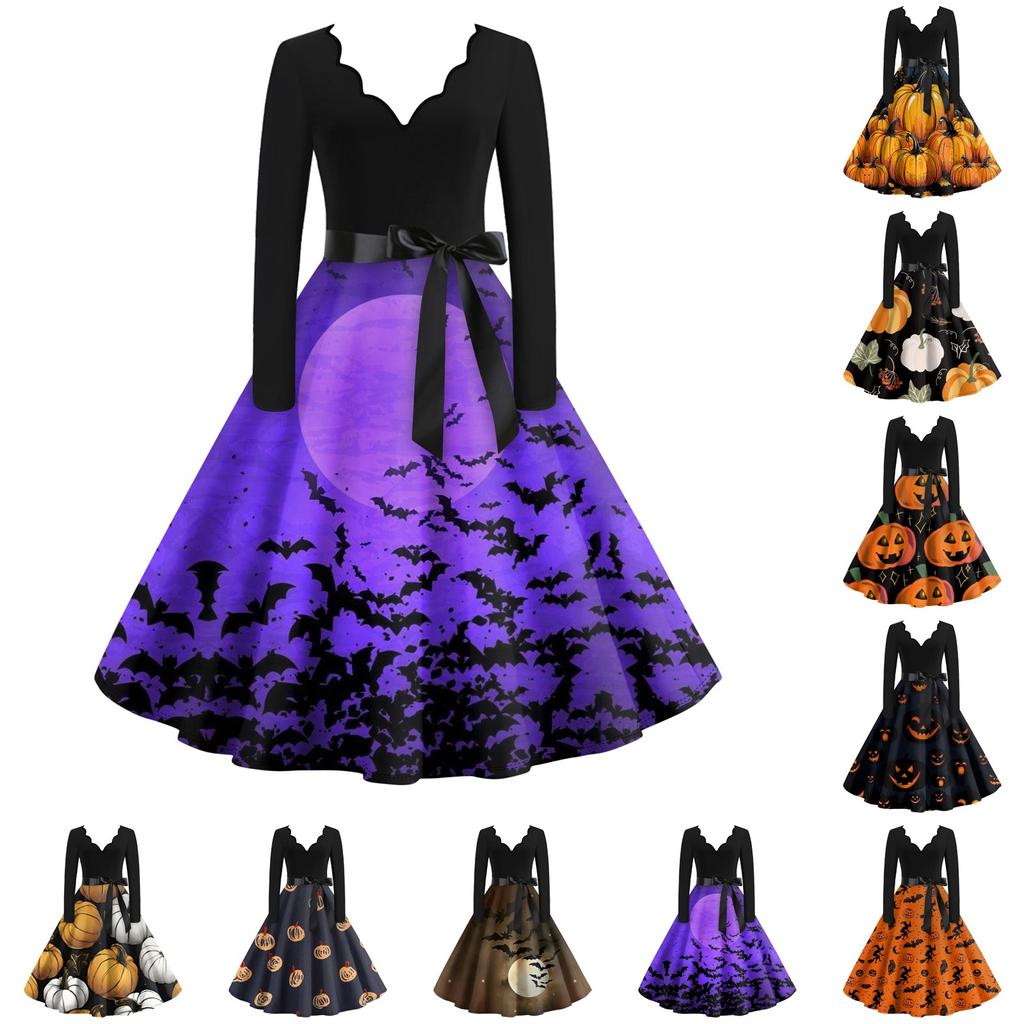 Расклешенное платье с принтом Хэллоуина для женщин Платье с длинным рукавом Повседневные платья