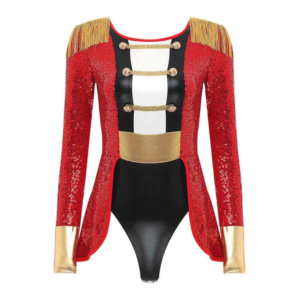 Womens Circus Ringmaster Cosplay Bodysuit Long Sleeve Allover Sequin Tail Jumpsuit Halloween Festival Costumes