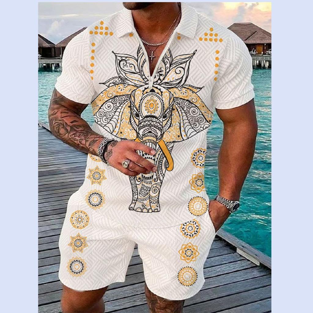 Летний тренд, мужской спортивный костюм, свободный комплект с животным 3D принтом, повседневная рубашка поло на молнии и шорты, комплект из 2 предметов, комплект мужской одежды, спортивный костюм