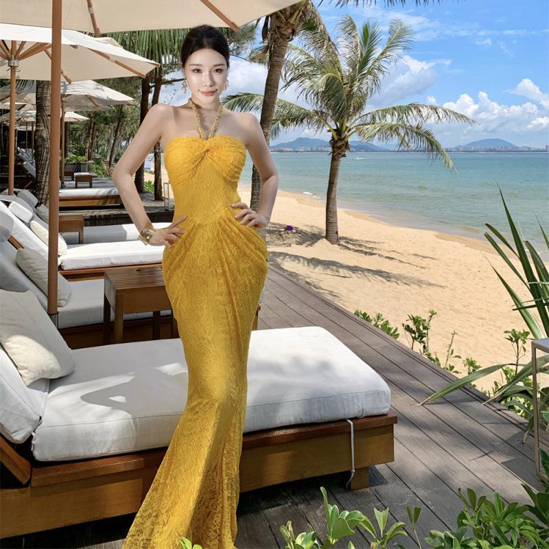 Niche Neck Lace Dress, Waist Shows Long Figure, Celebrity Sexy Dress, Fishtail Dress