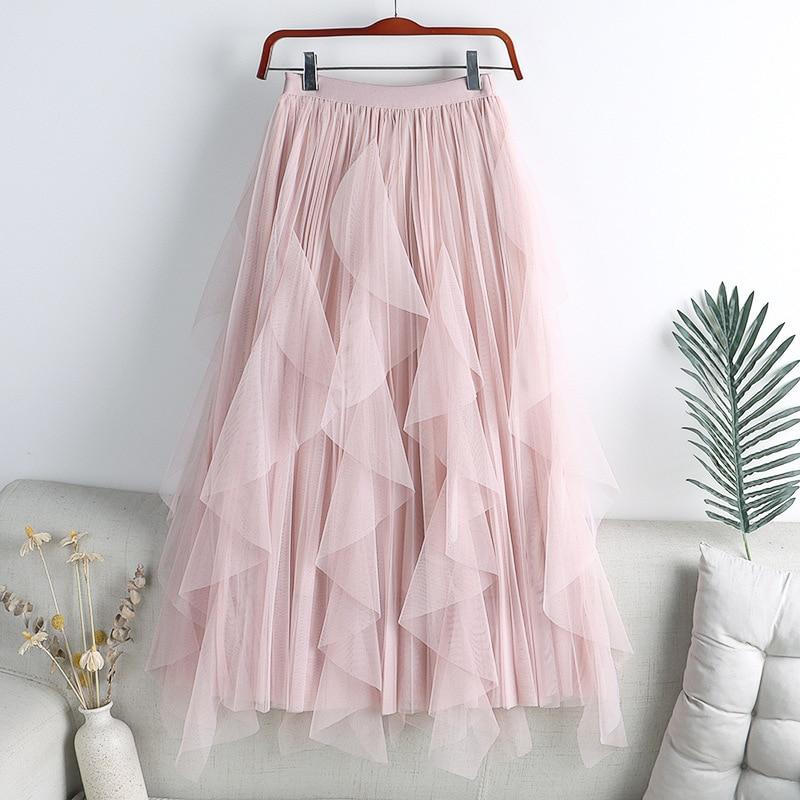 Qooth Summer Long Maxi Skirt Women FCute High-waisted Pleated Kawaii Tulle Skirt Mesh Gauze QT1240