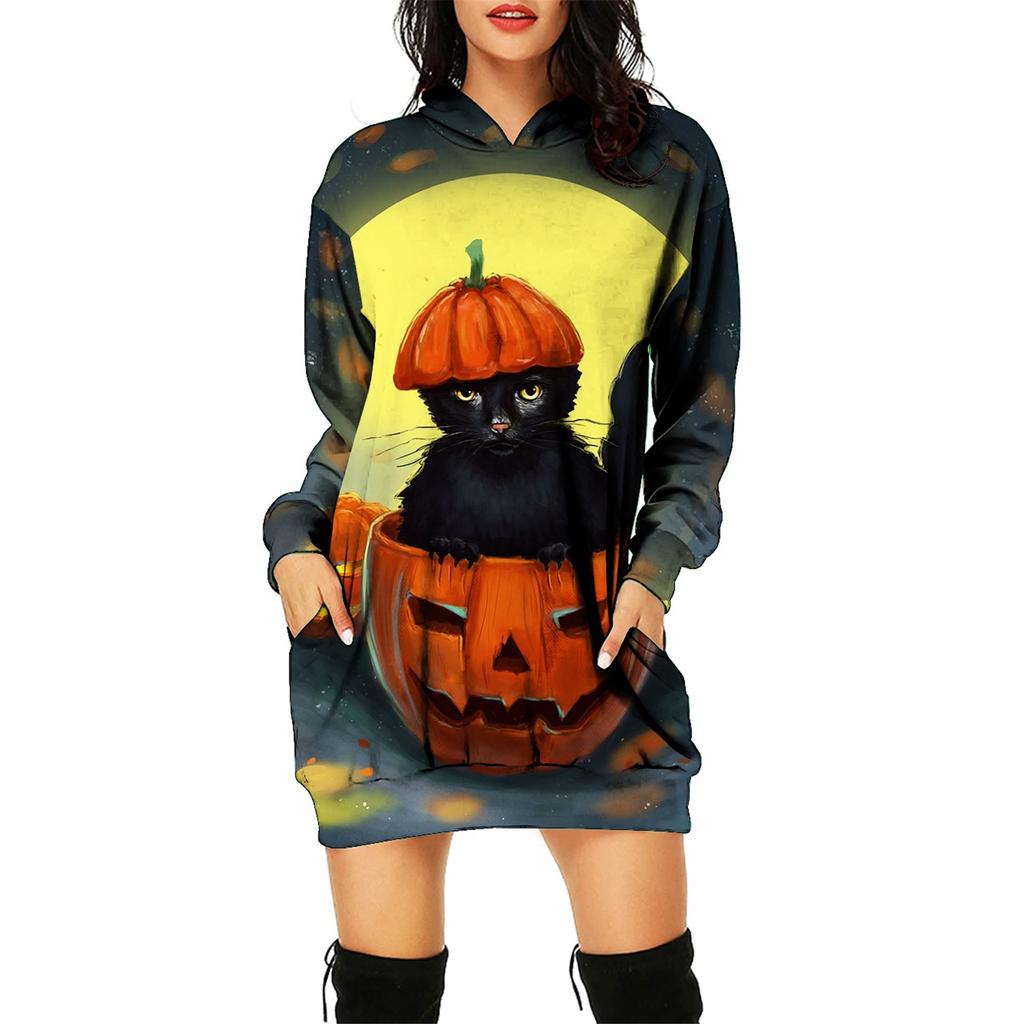 Women's And Winter Hooded Sweatshirt Dress Halloween Print Dress