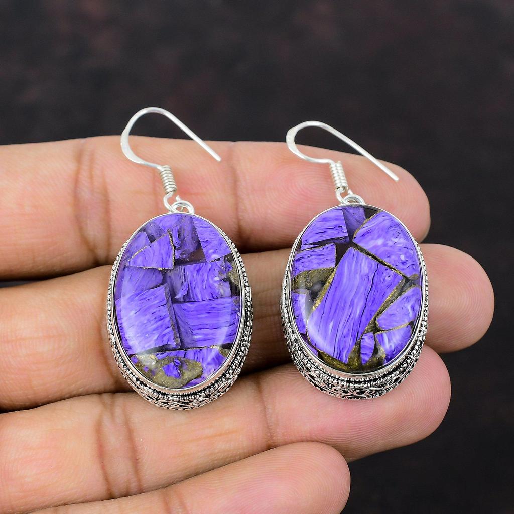 Медные серьги с чароитом, ювелирные изделия из стерлингового серебра 925 пробы, серьги ручной работы, приличные винтажные ювелирные изделия, подарок для жены, антикварные серьги