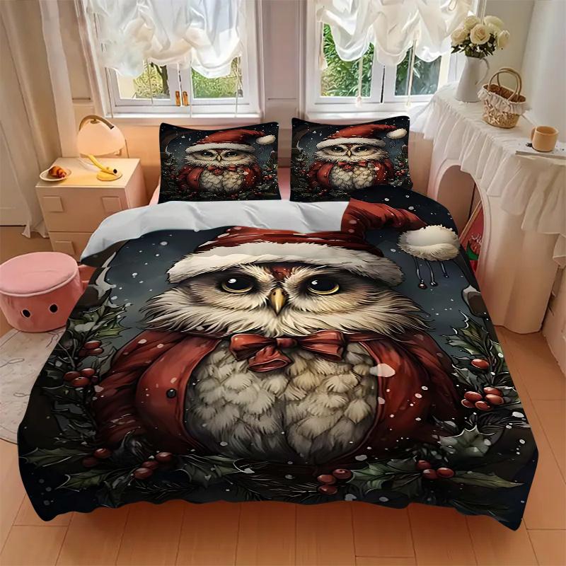 3pcs Christmas Owl Comforter Set with 1 Quilt Cover & 2 Pillowcases (No Core) - Festive Gift for Bedroom Decor, Anime Cartoon Design, Polyester Fabric