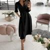 Осень-весна женское платье трапециевидной формы с большим V-образным вырезом и поясом с высокой талией и карманами с длинными рукавами, мягкое платье миди длиной до середины икры для выпускного вечера