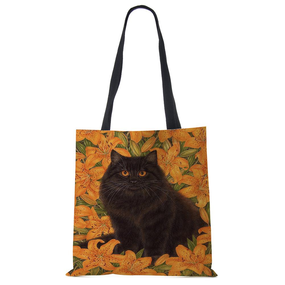 Cute Cat Flower Painting Print Womens Designer Tote Bags Women Handbag Large Shopping Bag Foldable For Groceries CLE