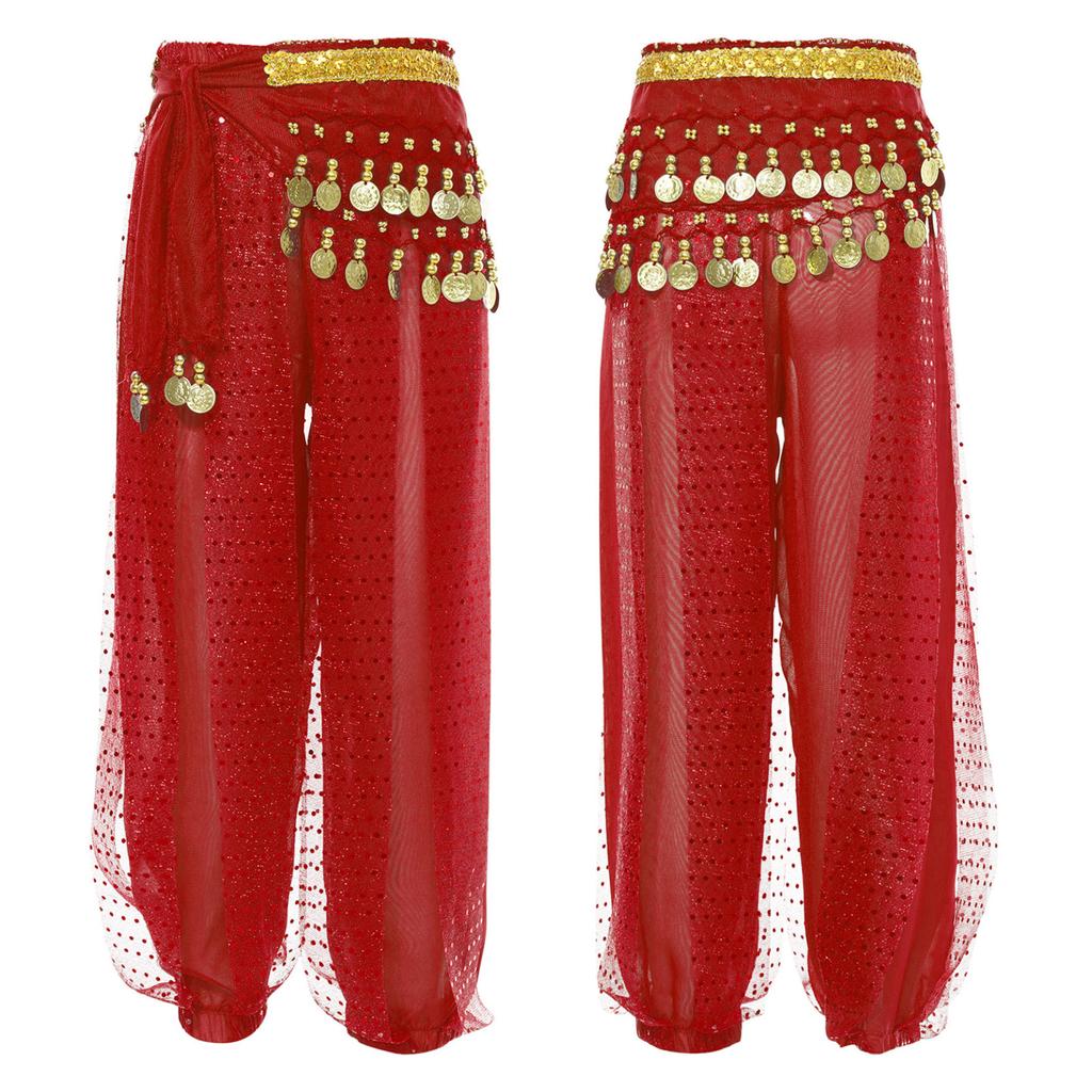 Kids Girls Belly Dance Performance Pants Sequined Dots Chiffon Trousers Bloomers with Tassels Waist Chain Hip Scarf
