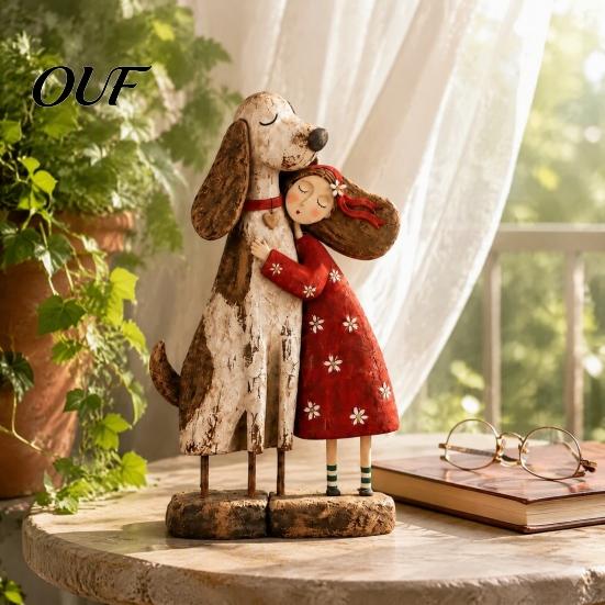 Handmade Keepsake for Special Occasions Girl And Pet Figurine, Cat/Dog Statue, Distressed Resin Friendship Whimsical Animal Figurine Garden Sculpture