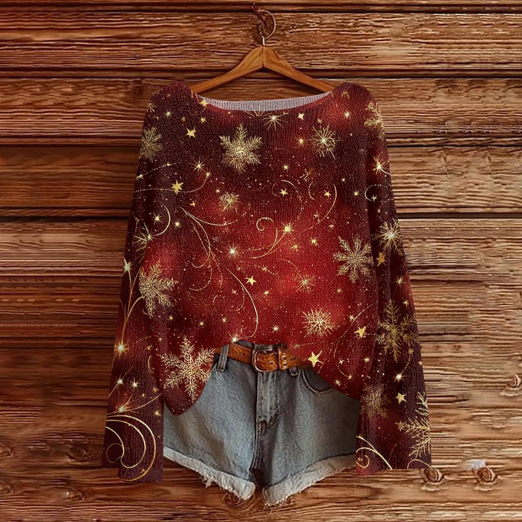 Women's Round Neck Lightweight Sweater Casual Long Sleeve Christmas Print Knit Pullover.