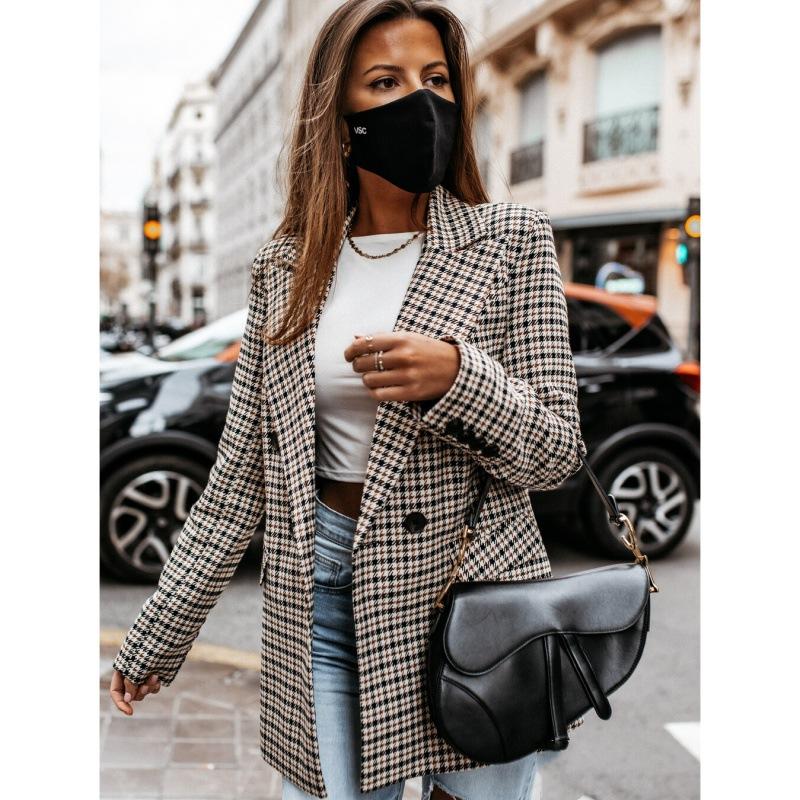 Модные клетчатые женские пиджаки Шикарные двубортные пиджаки для женщин Повседневный женский костюм Женский свободный пиджак