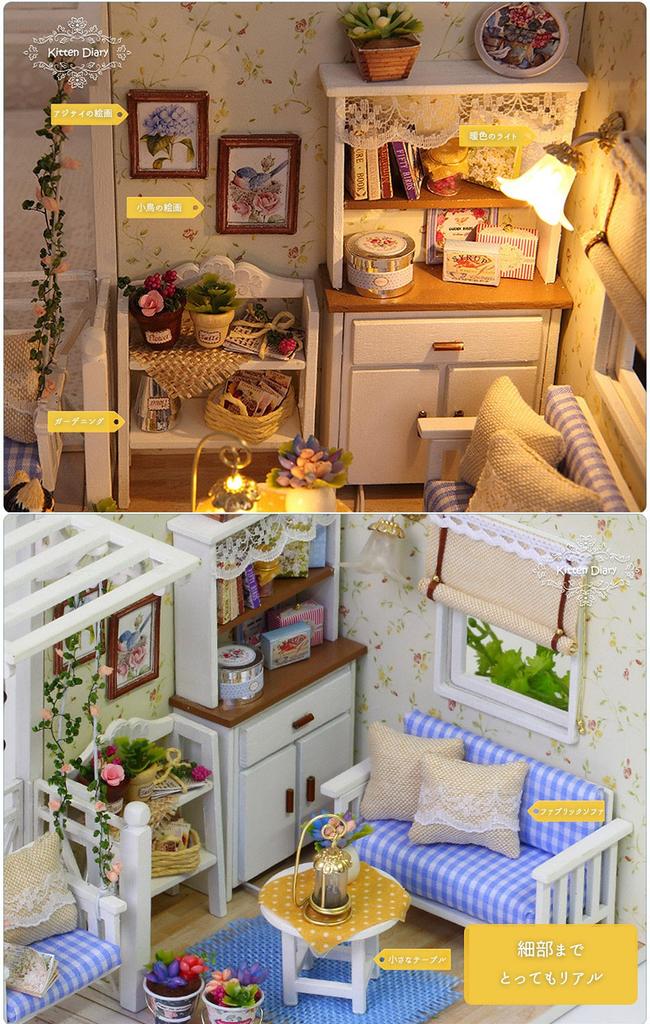 (moin Moin) Dollhouse Miniature Handmade Kit Set Kitten Diary LED Light + Acrylic Case Included