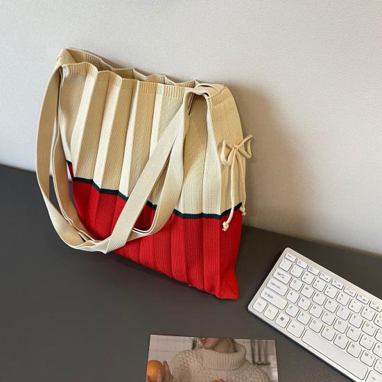 Сумка-тоут с завязками на шнурке в стиле ретро, складная вязаная сумка-тоут с цветными блоками