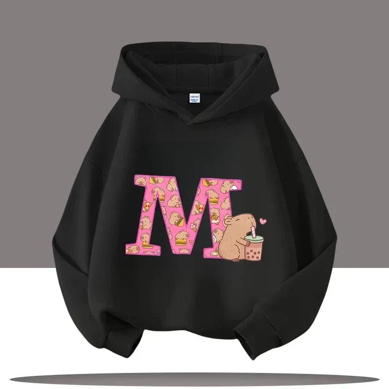 Capybara Hoodie Cute Kawaii Boba Tea Alphabet Letter Heart Pink Black Aesthetic Oversized Casual Sport Sweatshirts
