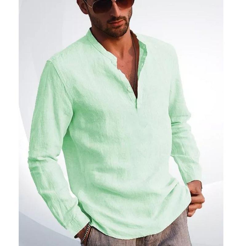 Men S Long Sleeve V Neck Casual Beach Cotton Linen Blend Shirt