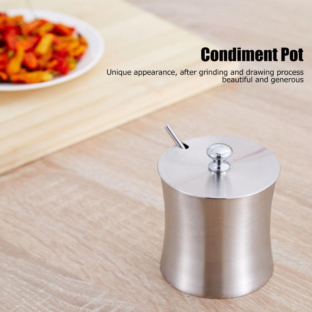 Stainless Steel Sugar Bowl with Lid and Spoon Salt Pot Condiment Can Condiment Pot Restaurant