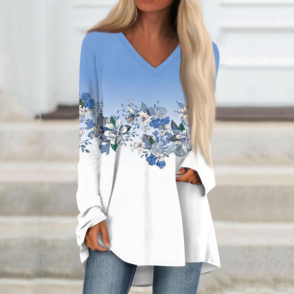 Women's Casual Long Sleeved V-neck Floral Print Long Loose T-shirt Top