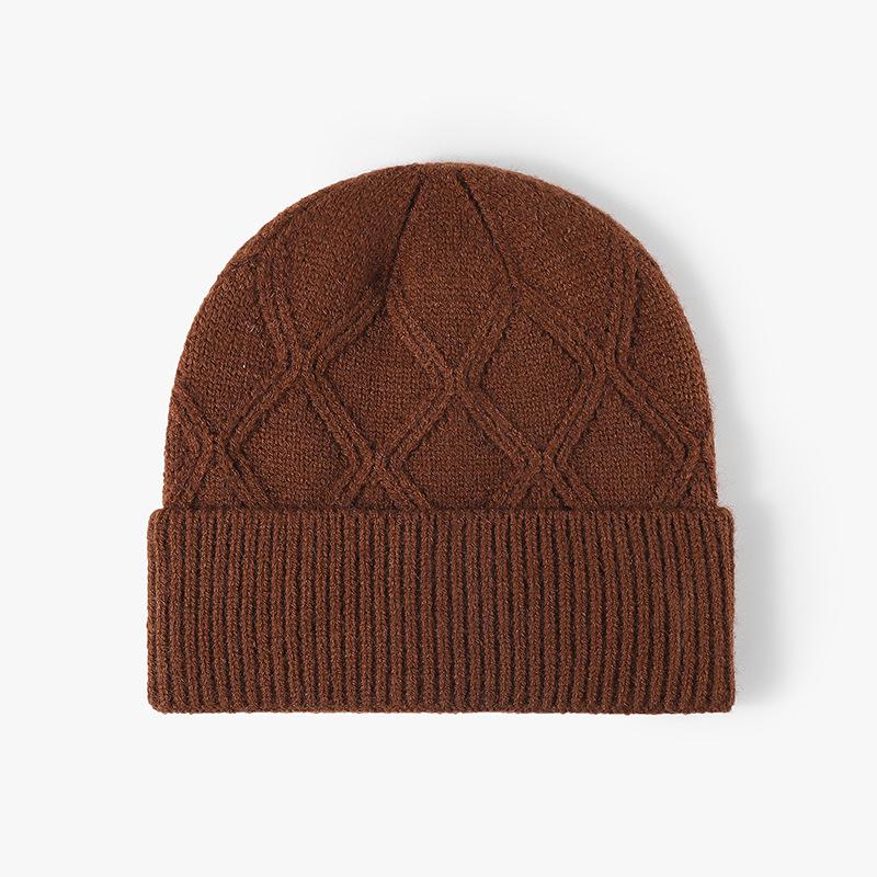 Unisex Winter Knitted Beanie Hat With Diamond Pattern Warm Soft Wool Blend Cuffed Skull Fashion Cold Weather Headwear Women Men