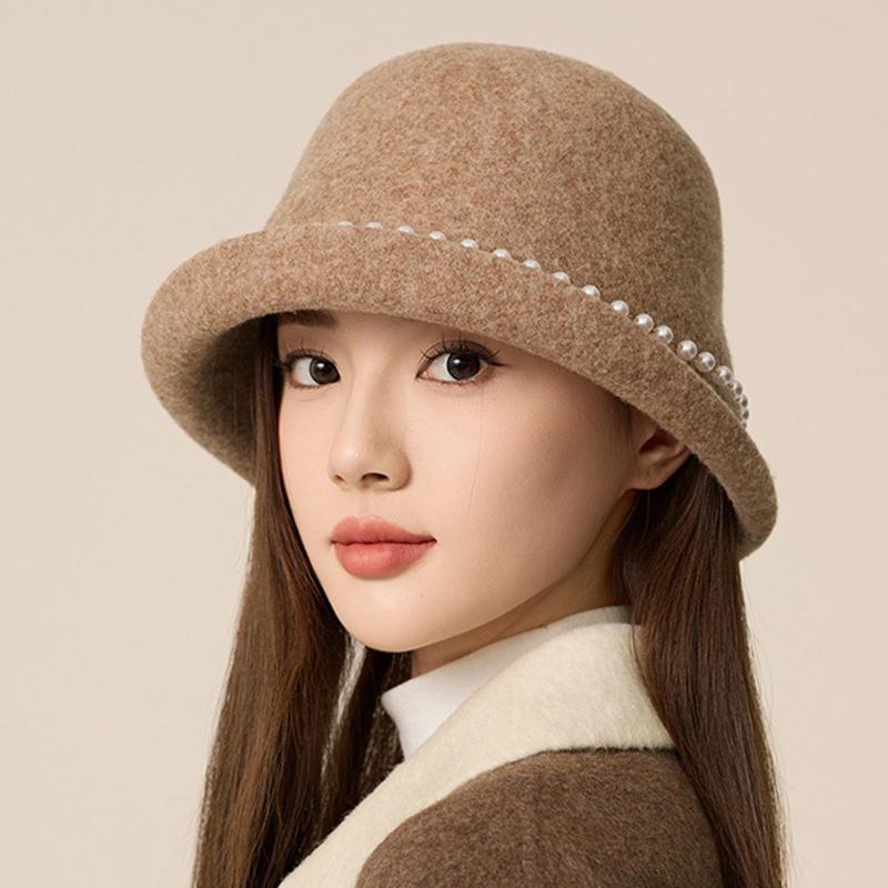 Pearl Wool Top Hat Women's Dome Hat Autumn Winter Warm Bucket Hat