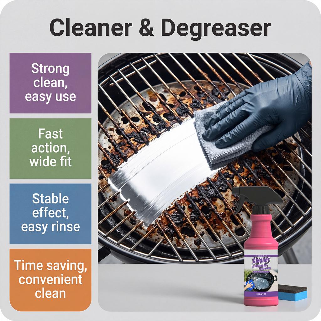Grill Cleaner Degreaser 120ml with Cleaning Sponge and Cloth for BBQ Grill Grates Racks Stubborn Grease Stain Removal Powerful Cleaning Solution
